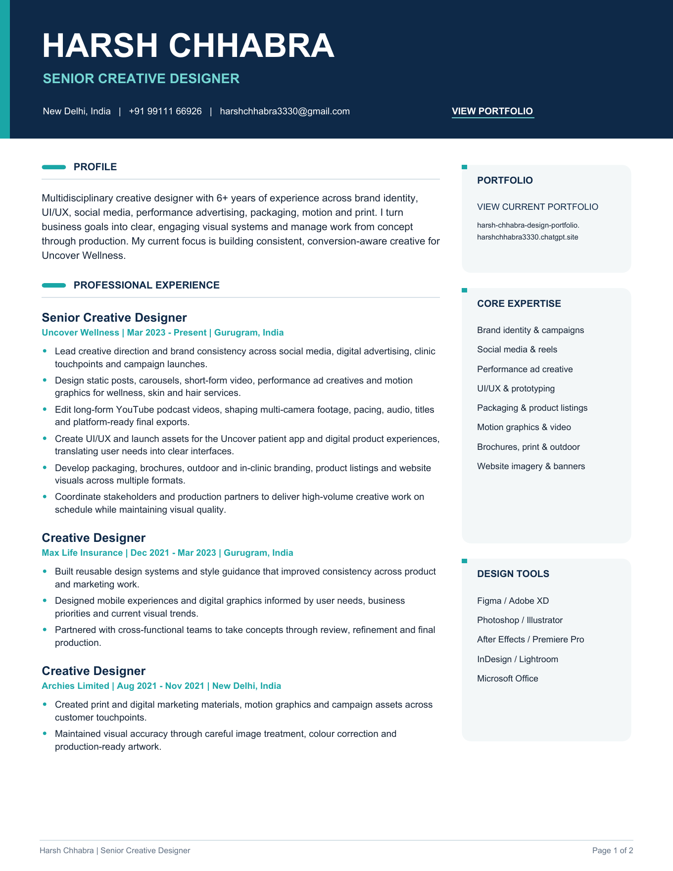 Preview of Harsh Chhabra's senior creative designer resume